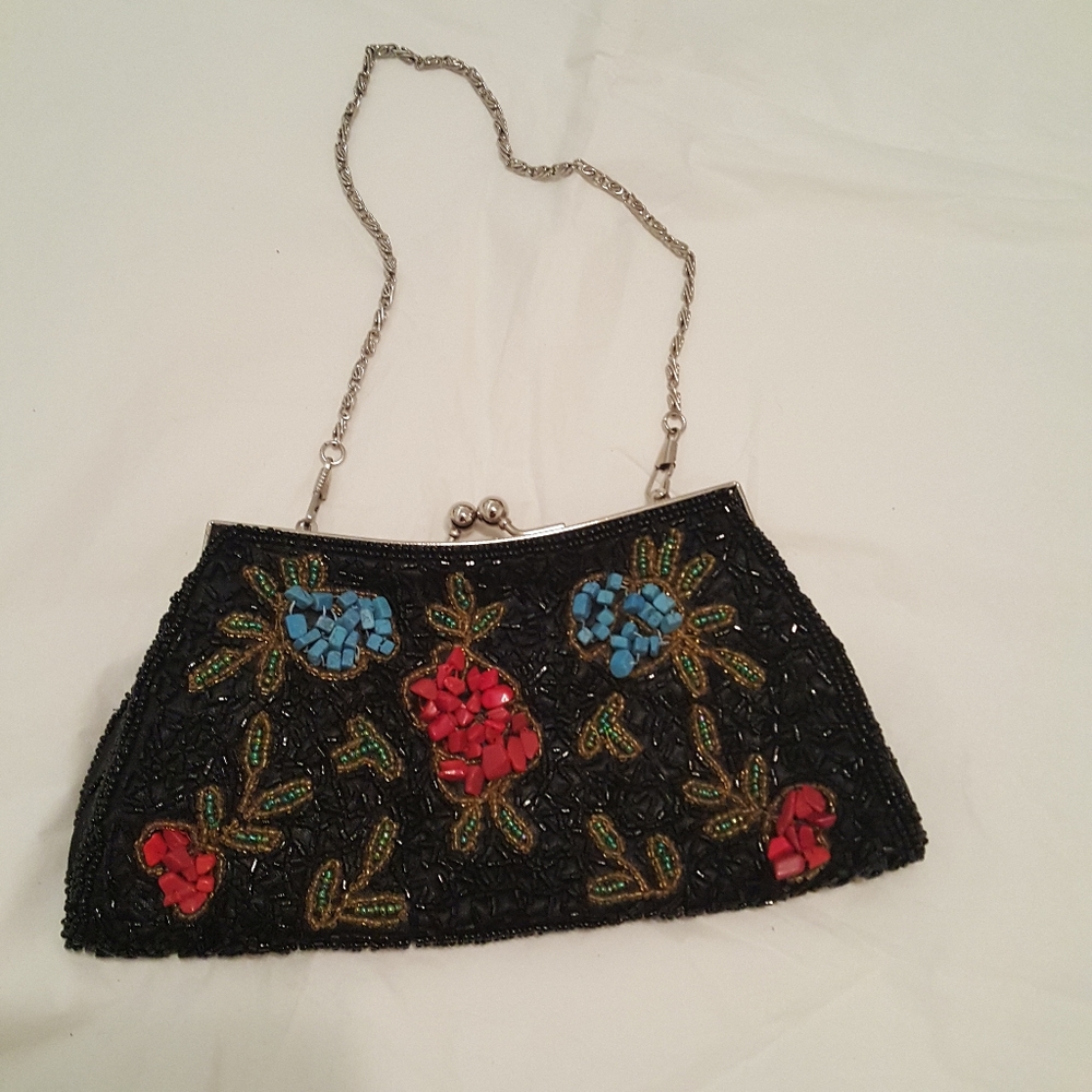 Bijoux Terner Beaded Satin Black evening clutch